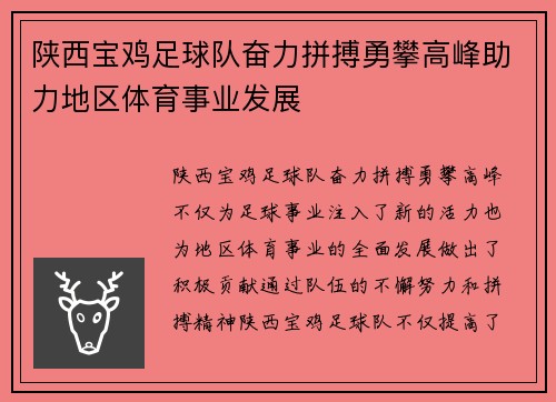 陕西宝鸡足球队奋力拼搏勇攀高峰助力地区体育事业发展