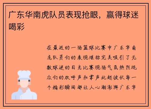广东华南虎队员表现抢眼，赢得球迷喝彩