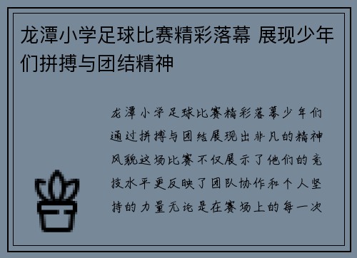 龙潭小学足球比赛精彩落幕 展现少年们拼搏与团结精神