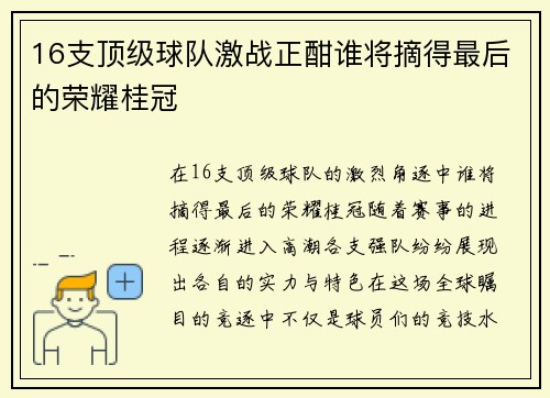 16支顶级球队激战正酣谁将摘得最后的荣耀桂冠