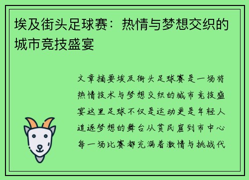 埃及街头足球赛：热情与梦想交织的城市竞技盛宴