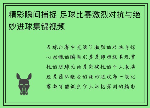 精彩瞬间捕捉 足球比赛激烈对抗与绝妙进球集锦视频