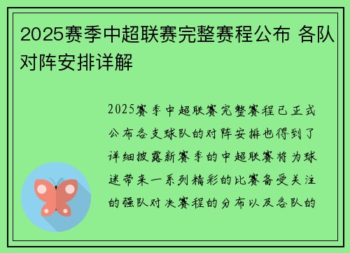 2025赛季中超联赛完整赛程公布 各队对阵安排详解