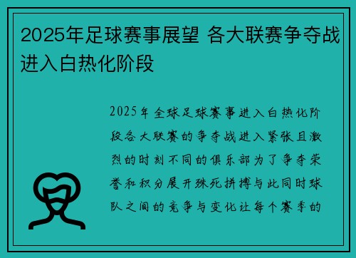 2025年足球赛事展望 各大联赛争夺战进入白热化阶段