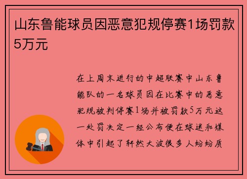 山东鲁能球员因恶意犯规停赛1场罚款5万元