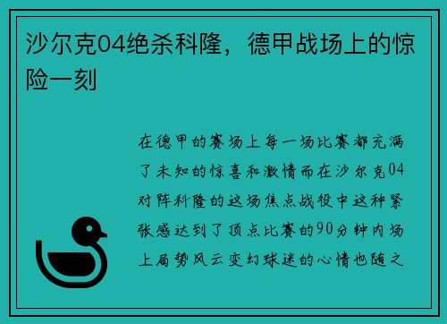 沙尔克04绝杀科隆，德甲战场上的惊险一刻