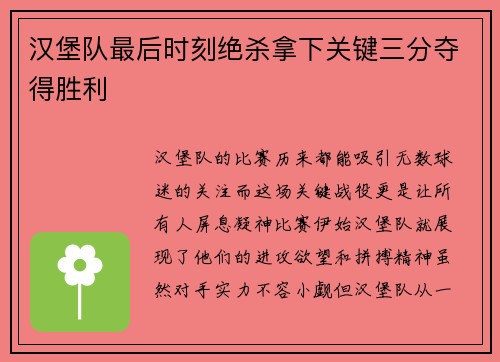汉堡队最后时刻绝杀拿下关键三分夺得胜利