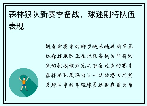 森林狼队新赛季备战，球迷期待队伍表现