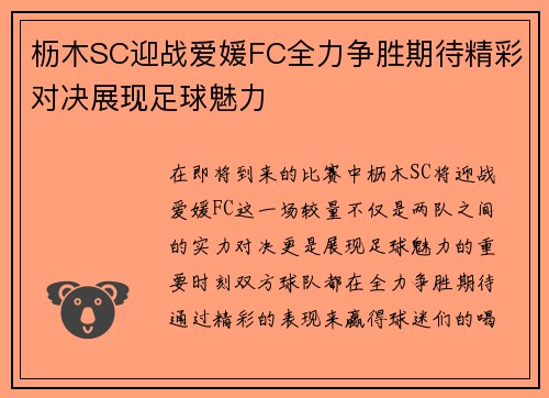 枥木SC迎战爱媛FC全力争胜期待精彩对决展现足球魅力