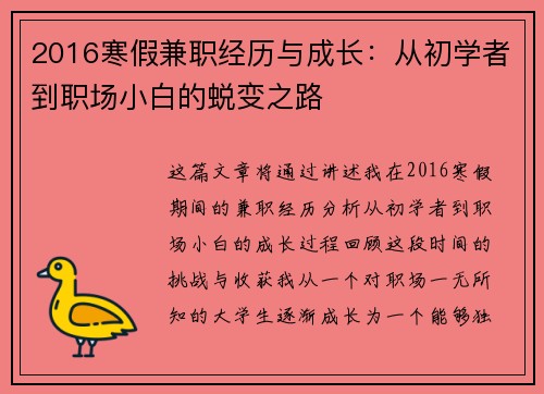 2016寒假兼职经历与成长：从初学者到职场小白的蜕变之路