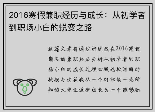 2016寒假兼职经历与成长：从初学者到职场小白的蜕变之路