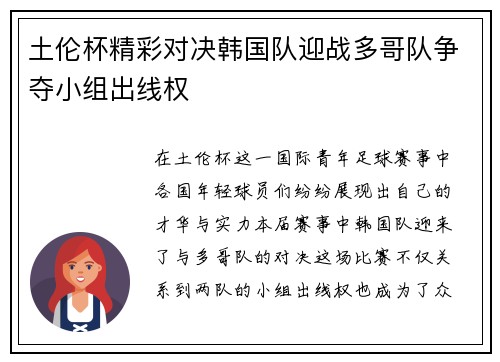土伦杯精彩对决韩国队迎战多哥队争夺小组出线权
