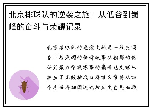 北京排球队的逆袭之旅：从低谷到巅峰的奋斗与荣耀记录