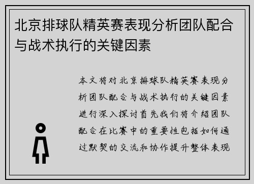 北京排球队精英赛表现分析团队配合与战术执行的关键因素