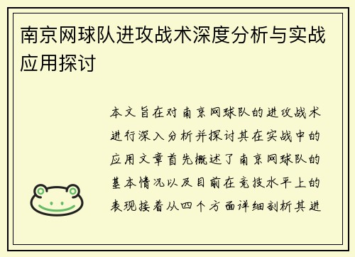 南京网球队进攻战术深度分析与实战应用探讨