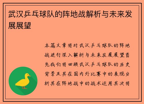 武汉乒乓球队的阵地战解析与未来发展展望