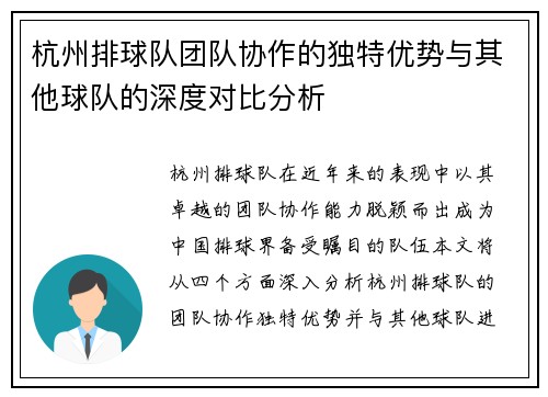 杭州排球队团队协作的独特优势与其他球队的深度对比分析