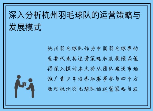 深入分析杭州羽毛球队的运营策略与发展模式