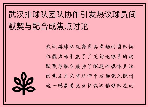 武汉排球队团队协作引发热议球员间默契与配合成焦点讨论